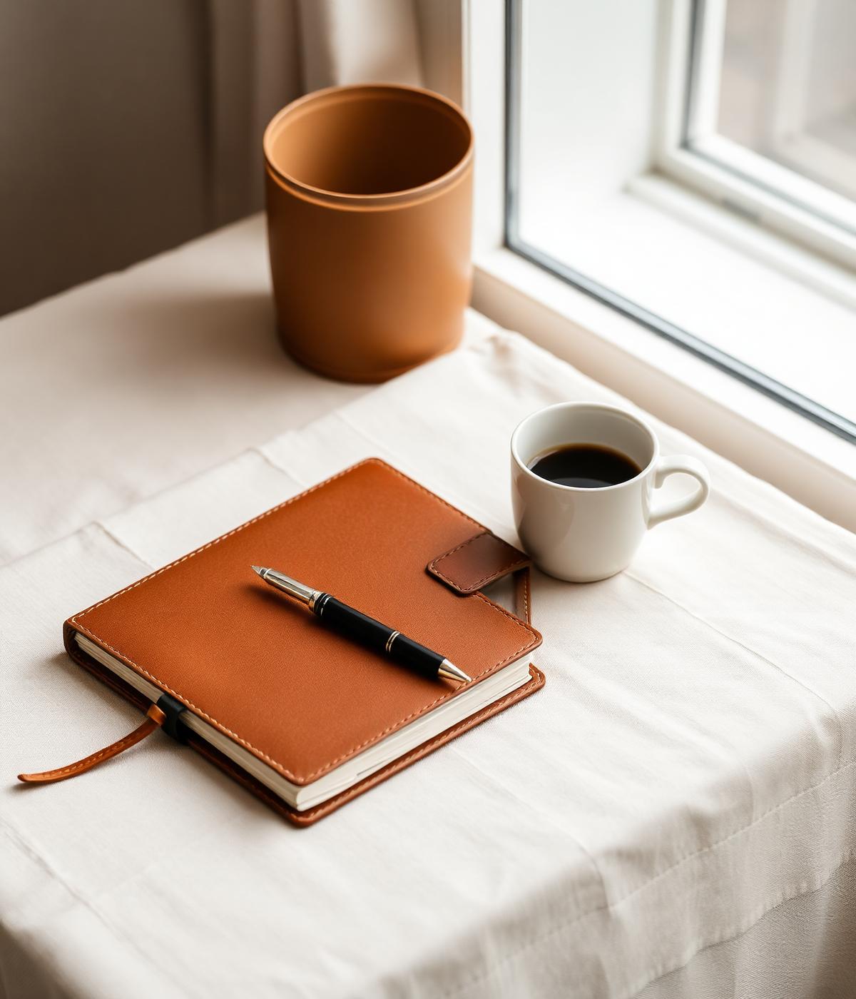 Leather planner, fountain pen and coffee on linen